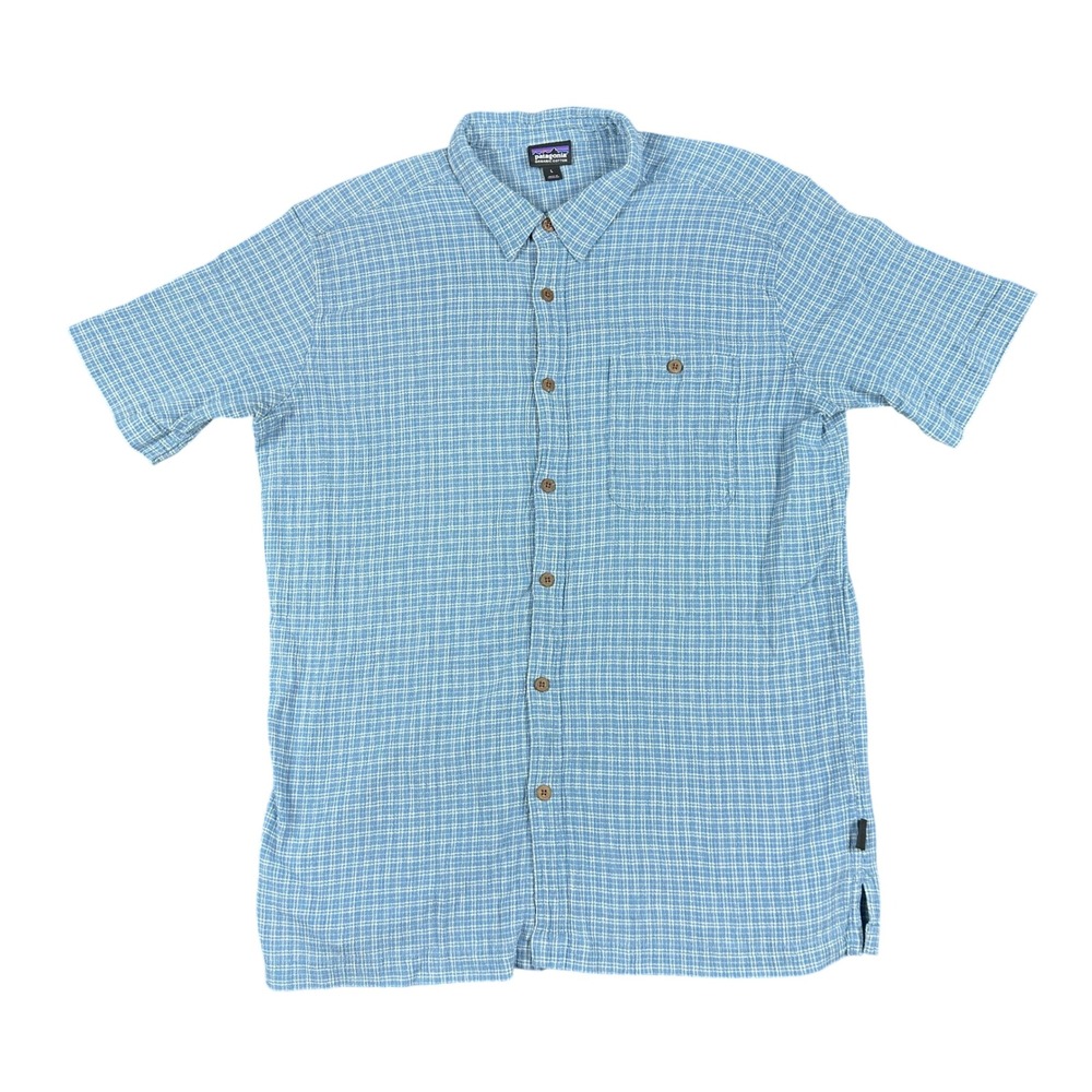 Patagonia Mens Large Blue Grid Organic Cotton Hemp Short Sleeve Button Down